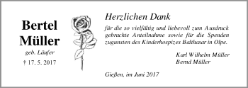 Traueranzeige von Bertel Müller von Giessener Allgemeine, Alsfelder Allgemeine