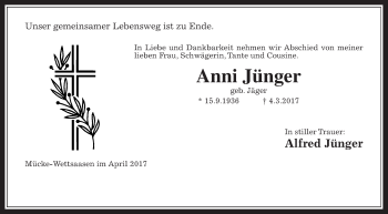 Traueranzeige von Anni Jünger von Alsfelder Allgemeine