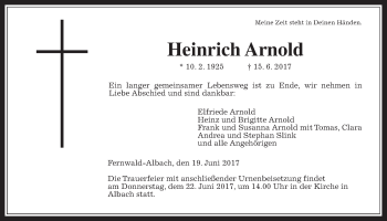 Traueranzeige von Heinrich Arnold von Giessener Allgemeine, Alsfelder Allgemeine