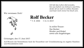 Traueranzeige von Rolf Becker von Giessener Allgemeine, Alsfelder Allgemeine