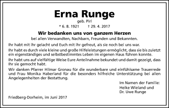 Traueranzeige von Erna Runge von Wetterauer Zeitung, Wetterauer Zeitung