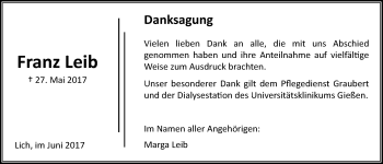 Traueranzeige von Franz Leib von Giessener Allgemeine, Alsfelder Allgemeine