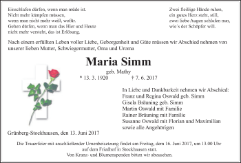 Traueranzeige von Maria Simm von Giessener Allgemeine, Alsfelder Allgemeine