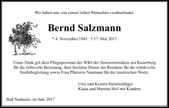 Traueranzeige von Bernd Salzmann von Wetterauer Zeitung, Wetterauer Zeitung