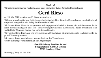 Traueranzeige von Gerd Rieso von Alsfelder Allgemeine