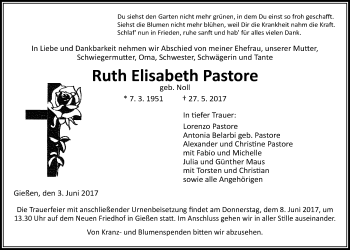 Traueranzeige von Ruth Pastore von Giessener Allgemeine, Alsfelder Allgemeine