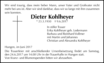Traueranzeige von Dieter Kohlheyer von Licher Wochenblatt, Licher Wochenblatt, Licher Wochenblatt