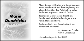 Traueranzeige von Marie Quadrizius von Licher Wochenblatt, Licher Wochenblatt, Licher Wochenblatt