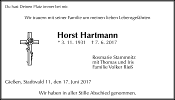 Traueranzeige von Horst Hartmann von Giessener Allgemeine, Alsfelder Allgemeine