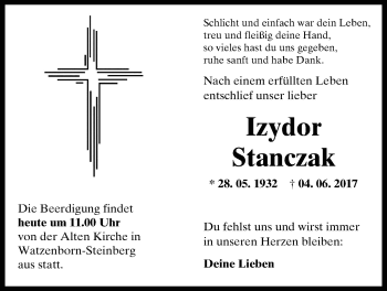 Traueranzeige von Izydor Stanczak von Giessener Allgemeine, Alsfelder Allgemeine