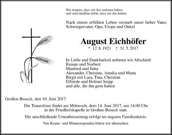 Traueranzeige von August Eichhöfer von Giessener Allgemeine, Alsfelder Allgemeine