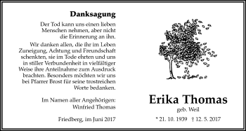 Traueranzeige von Erika Thomas von Wetterauer Zeitung, Wetterauer Zeitung