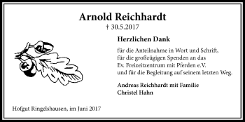 Traueranzeige von Arnold Reichhardt von Licher Wochenblatt, Licher Wochenblatt, Licher Wochenblatt