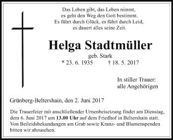 Traueranzeige von Helga Stadtmüller von Giessener Allgemeine, Alsfelder Allgemeine