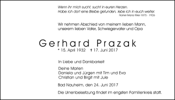 Traueranzeige von Gerhard Prazak von Wetterauer Zeitung, Wetterauer Zeitung