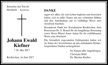 Traueranzeige von Johann Ewald Kiefner von Giessener Allgemeine, Alsfelder Allgemeine