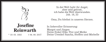 Traueranzeige von Josefine Reinwarth von Wetterauer Zeitung, Wetterauer Zeitung