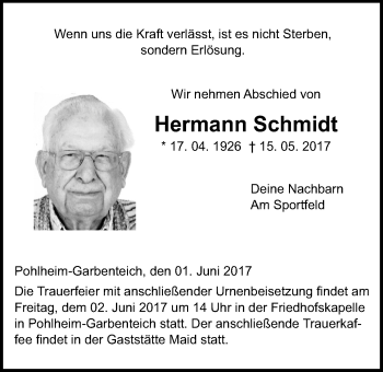 Traueranzeige von Hermann Schmidt von Pohlheimer Nachrichten