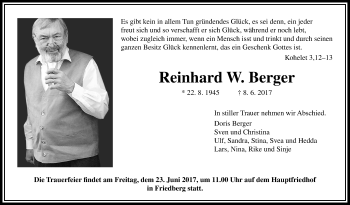Traueranzeige von Reinhard W. Berger von Wetterauer Zeitung, Wetterauer Zeitung