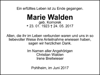 Traueranzeige von Marie Walden von Pohlheimer Nachrichten