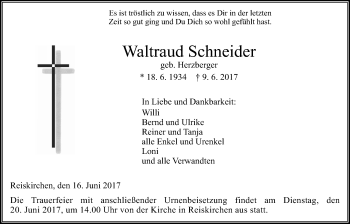 Traueranzeige von Waltraud Schneider von Giessener Allgemeine, Alsfelder Allgemeine