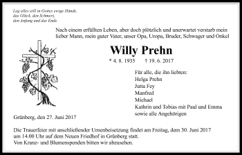 Traueranzeige von Willy Prehn von Giessener Allgemeine, Alsfelder Allgemeine