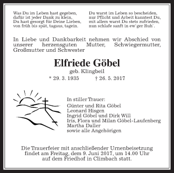 Traueranzeige von Elfriede Göbel von Giessener Allgemeine, Alsfelder Allgemeine