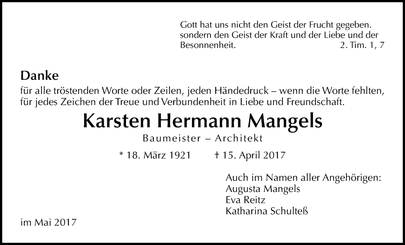  Traueranzeige für Karsten Hermann Mangels vom 10.06.2017 aus Wetterauer Zeitung, Wetterauer Zeitung