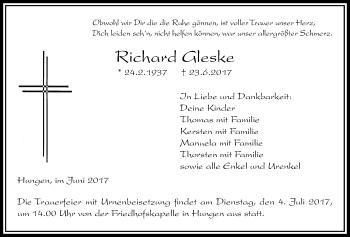 Traueranzeige von Richard Gleske von Giessener Allgemeine, Alsfelder Allgemeine