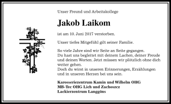 Traueranzeige von Jakob Laikom von Giessener Allgemeine, Alsfelder Allgemeine