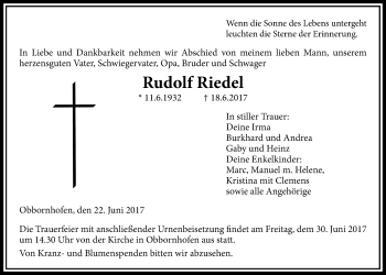 Traueranzeige von Rudolf Riedel von Licher Wochenblatt, Licher Wochenblatt, Licher Wochenblatt