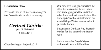 Traueranzeige von Gertrud Göricke von Licher Wochenblatt, Licher Wochenblatt, Licher Wochenblatt
