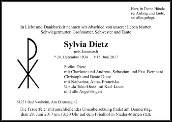Traueranzeige von Sylvia Dietz von Wetterauer Zeitung, Wetterauer Zeitung