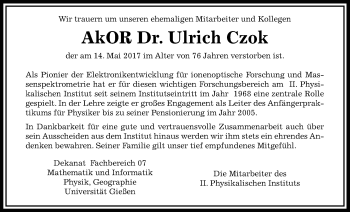 Traueranzeige von Ulrich Czok von Giessener Allgemeine, Alsfelder Allgemeine