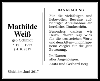 Traueranzeige von Mathilde Weiß von Wetterauer Zeitung, Wetterauer Zeitung