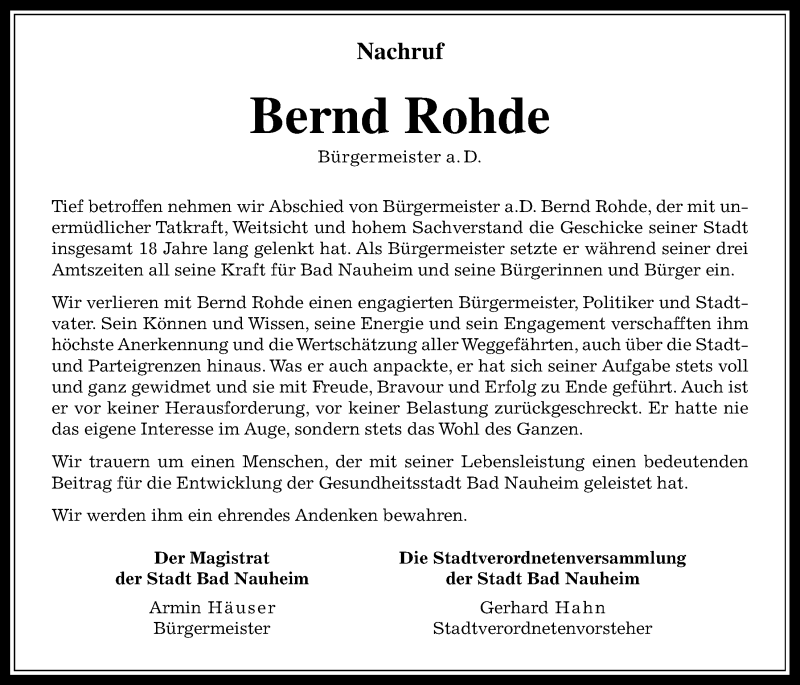  Traueranzeige für Bernd Rohde vom 10.06.2017 aus Wetterauer Zeitung, Wetterauer Zeitung