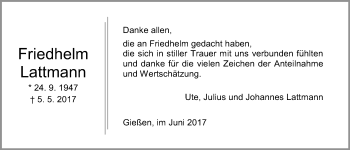 Traueranzeige von Friedhelm Lattmann von Giessener Allgemeine, Alsfelder Allgemeine