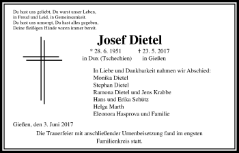 Traueranzeige von Josef Dietel von Giessener Allgemeine, Alsfelder Allgemeine