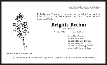 Traueranzeige von Brigitte Brehm von Wetterauer Zeitung, Wetterauer Zeitung