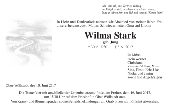 Traueranzeige von Wilma Stark von Wetterauer Zeitung, Wetterauer Zeitung