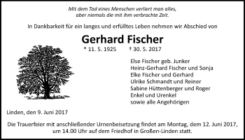 Traueranzeige von Gerhard Fischer von Giessener Allgemeine, Alsfelder Allgemeine