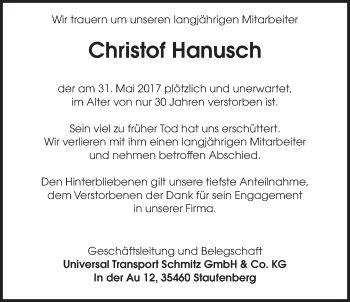 Traueranzeige von Christof Hanusch von Giessener Allgemeine, Alsfelder Allgemeine
