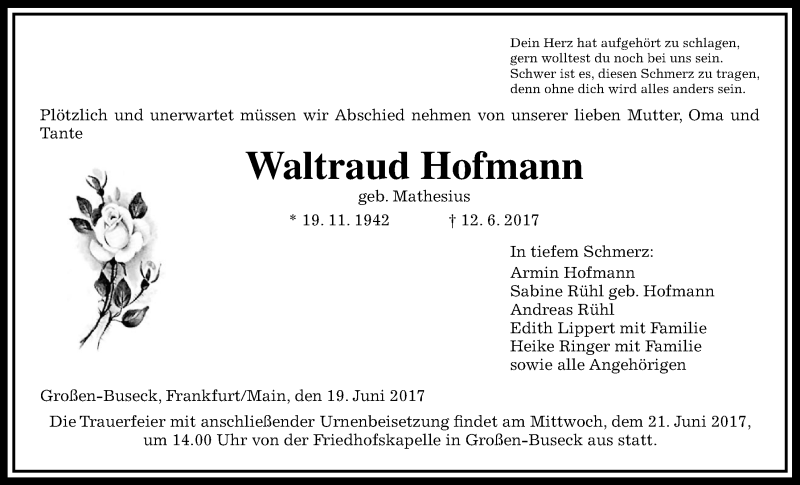  Traueranzeige für Waltraud Hofmann vom 19.06.2017 aus Giessener Allgemeine, Alsfelder Allgemeine
