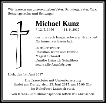 Traueranzeige von Michael Kunz von Licher Wochenblatt, Licher Wochenblatt, Licher Wochenblatt