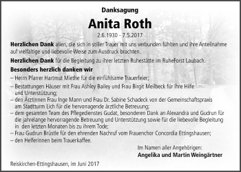 Traueranzeige von Anita Roth von Licher Wochenblatt, Licher Wochenblatt, Licher Wochenblatt
