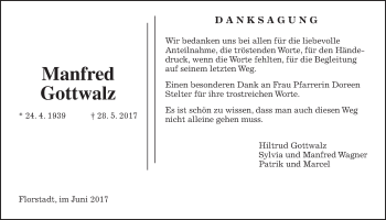 Traueranzeige von Manfred Gottwalz von Wetterauer Zeitung, Wetterauer Zeitung
