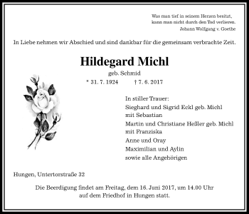 Traueranzeige von Hildegard Michl von Licher Wochenblatt, Licher Wochenblatt, Licher Wochenblatt