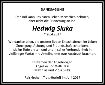 Traueranzeige von Hedwig Sluka von Giessener Allgemeine, Alsfelder Allgemeine