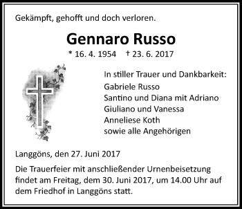 Traueranzeige von Gennaro Russo von Giessener Allgemeine, Alsfelder Allgemeine