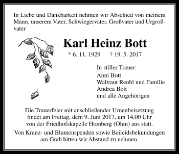 Traueranzeige von Karl Heinz Bott von Alsfelder Allgemeine
